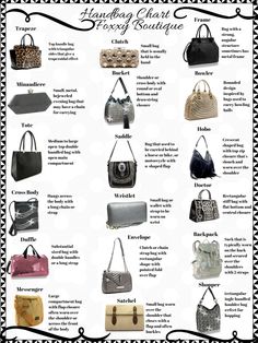 Types Of Purses Chart, Purse Types, Fashion Knowledge, Style Names, Bag Types, Wardrobe Building