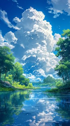 an anime scene with trees and water