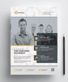 a business flyer template is shown on top of a white table with a pen and pencil