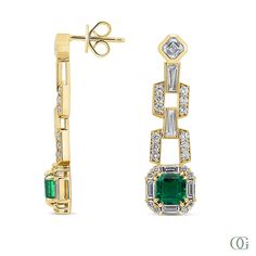 These Emerald Elegance Dangling Earrings exude sophistication and grace. Made with stunning emerald gemstones, they are a timeless addition to any jewelry collection. The dazzling design and expert craftsmanship make these earrings a must-have for any formal or special occasion. Elevate your style and feel confident in these elegant earrings. Luxury Formal Dangle Huggie Earrings, Green Diamond Earrings With 17 Jewels For Formal Events, Green Diamond Earrings With 17 Jewels For Formal Occasions, Green Hand-set Diamond Earrings, Green Hand Set Diamond Earrings, Classic Green Diamond Drop Earrings, Luxury Green Diamond Earrings With Prong Setting, Elegant Gemstone Baguette-cut Earrings, Green Diamond Earrings For Evening