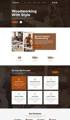 the website design for woodworking with style is shown in orange and brown colors, including two