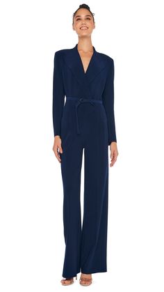 DB STRAIGHT LEG JUMPSUIT – True Navy – Norma Kamali Sleek V-neck Jumpsuits And Rompers For Work, Elegant Belted Jumpsuits And Rompers, Chic Jumpsuits And Rompers With Belt For Workwear, Fitted Belted Evening Pantsuit, Elegant Jumpsuits With Belted Cuffs, Sleek Workwear Jumpsuits And Rompers For Fall, Sleek Jumpsuits And Rompers For Fall Workwear, Sleek Fall Workwear Jumpsuits And Rompers, Chic Formal Jumpsuits And Rompers With Pockets