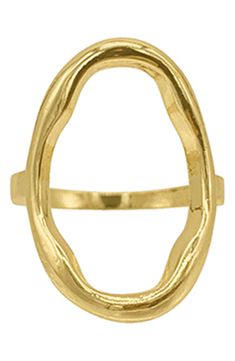 A liquid-like texture brings a contemporary element to this gleaming ring. 1" x 0.5" 14K gold plated brass Imported Brass D Ring, Oval Yellow Gold Brass Ring, Gold Oval Brass Rings, Oval Gold Brass Rings, Modern Gold Oval Ring, Oval Gold Plated Rings, Modern Gold Open Circle Ring, Elegant Gold Open Circle Ring, Gold Open Ring