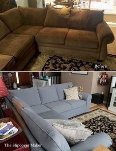 before and after pictures of a living room couch