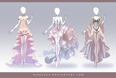 three mannequins in dresses with different designs