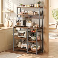 a kitchen area with a microwave, toaster and coffee maker on a shelf in front of a brick wall