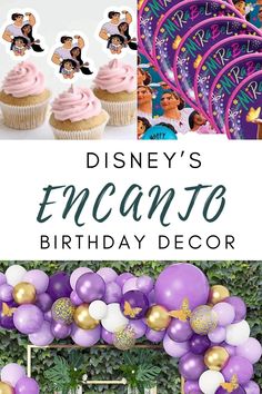 a birthday party with purple and gold balloons, cupcakes, and disney's encanto decorations