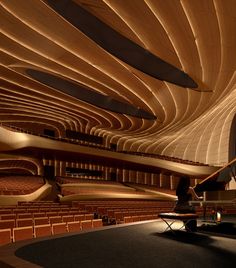 the interior of a concert hall with rows of seats