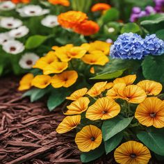 many different colored flowers are growing in the ground