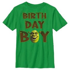 Get ready for the greatest fairy tale never told with an officially licensed Shrek Boys' Graphic Tee! Shrek might be an "ugly" ogre but there's nothing ugly about these fun Shrek designs with Princess Fiona, Donkey, Puss in Boots, and more! This cheerful kelly tee reads "Birthday Boy" with Shrek's face replacing the letter "O" in "Boy." Find your inner (and outer) beauty with tees that celebrate your favorite animated fairy tale. Shrek Birthday, Princess Fiona, Shark Shirt, Boys Graphic Tee, Sleeve Packaging, Graphic Tee Design, Letter O, Fit Ideas, Tee Outfit