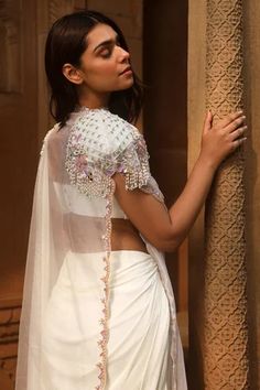 Shop for Dheeru Taneja Ivory Organza Aazira Pre-draped Saree Set With Cape for Women Online at Aza Fashions Cape For Women, Embroidered Cape, Draped Saree, Scallop Border, Drape Saree, Embroidered Trim, Beaded Neckline, Pattern Embroidery, Fashion App