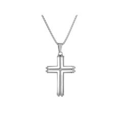 Showcase your faith with this handsome stainless steel cross necklace. Showcase your faith with this handsome stainless steel cross necklace. FEATURES Pendant size: 2.16"L x 1.26"W Chain length: 24 in. Chain type: box Clasp: lobster-claw Metal: stainless steel Finish: polished Packaging: boxed Size: 24". Gender: male. Age Group: adult. Stainless Steel Cross Pendant Necklace For Faith, Silver Stainless Steel Cross Necklace, Modern Stainless Steel Cross Pendant Necklace, Stainless Steel Cross Pendant, Steel Cross, Box Clasp, Lynx, Cross Pendant, Chain Lengths