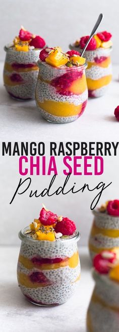 mango raspberry chia seed pudding in small bowls with strawberries on top