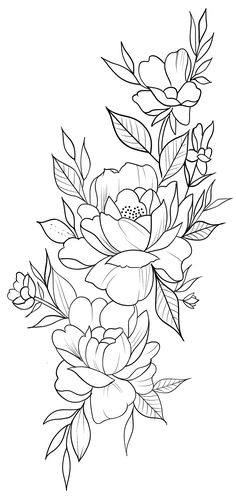 a black and white drawing of flowers with leaves on the bottom half of each flower