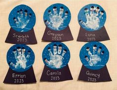 four snowman handprints with names and pictures on them are shown in the shape of magnets