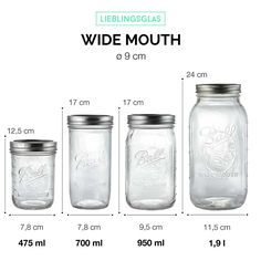 three sizes of mason jars with measurements for each jar