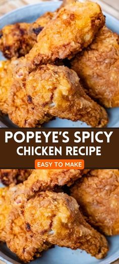 two pictures of fried chicken on a plate with the words pope's spicy chicken recipe