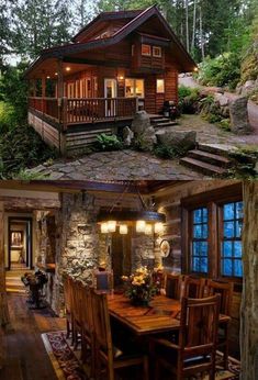 two pictures side by side of a log cabin with stone walls and flooring, one has