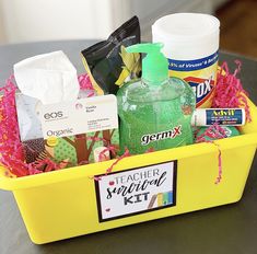 a yellow container filled with lots of different types of hygiene products on top of a table