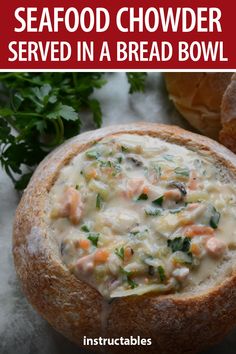 this seafood chowder served in a bread bowl is an easy and delicious appetizer