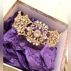 Made With Real Crystals. Regal Gold Crown For Wedding, Regal Gold Wedding Crown, Elegant Gold Crown With Rhinestones, Elegant Crystal Crown For Wedding, Elegant Gold Wedding Crown, Elegant Gold Crown With Pinched Shape, Elegant Gold Crown With Structured Shape, Elegant Crystal Crown For Party, Elegant Gold Jewelry For Ceremony