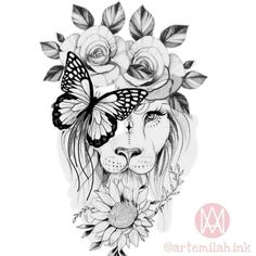 a drawing of a lion with flowers on its head and a butterfly flying over it