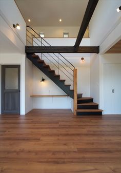 an empty room with wooden floors and stairs