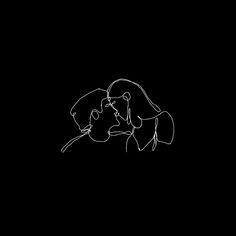 a black and white drawing of two people in the dark, with one kissing another