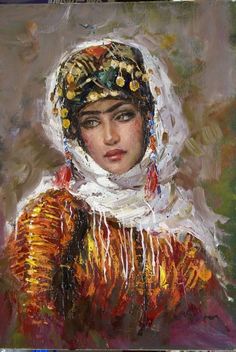 an oil painting of a woman wearing a headdress