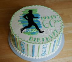 a birthday cake with a running man on it that says happy 60th and is decorated with blue, green and white icing