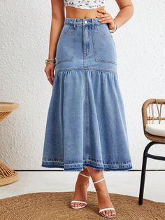 Light Wash Casual Collar  Denim Plain A Line Embellished Non-Stretch  Women Clothing Simple Dress Styles, Long Skirt Casual, Moda Denim, Ruffle Hem Skirt, Blouse Casual Fashion, Blue Jeans Crafts