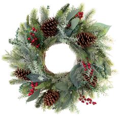 a christmas wreath with pine cones and berries