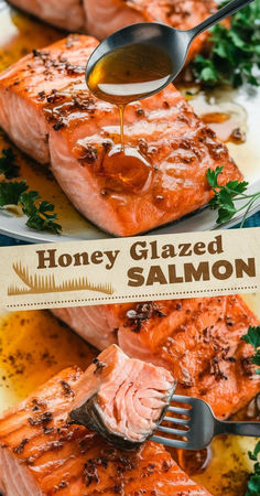 the salmon is being drizzled with honey glaze on it's side