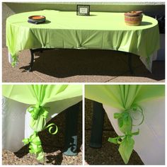 the table is covered with green cloths and ribbons