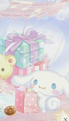 a cartoon character holding a teddy bear next to some boxes with gifts on them and a doughnut in the foreground