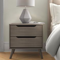 a night stand with two drawers and a lamp on the end table next to it