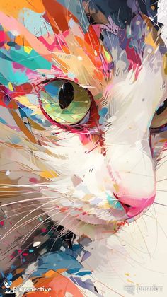 an artistic painting of a cat's face with multicolored paint splatters