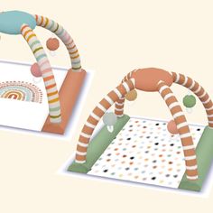 two baby play mats with different designs and colors, one has a rattler on it