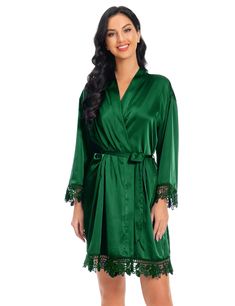 PRICES MAY VARY. Our silk robe is created with comfort and luxury in mind and made from high quality charmeuse satin, different from cheap satin. It is buttery soft, glossy, lightweight, and very comfy. The silky robe features a simple design with a lovely and flowery lace trim at the hem and the cuffs. Stylish, luxurious and very elegant. The lace trim robe has 3/4 kimono-style sleeves, V neck, inside ties, matching waist belt, a relaxed fit. It hits at the ankle. Very flattering and comfortabl Elegant Green Satin Sleepwear, Satin Sleepwear With Satin Trim For Wedding Night, Satin Sleepwear For Wedding Night, Wedding Night Satin Sleepwear With Satin Trim, Satin Robe With Lace Trim For Wedding Night, Satin Robe With Lace Trim And Long Sleeves, Long Sleeve Satin Robe With Lace Trim, Satin Robe For Sleep With Satin Finish, Satin Robe With Satin Finish For Sleep