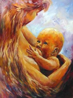 a painting of a woman holding a baby in her arms with the sky behind her