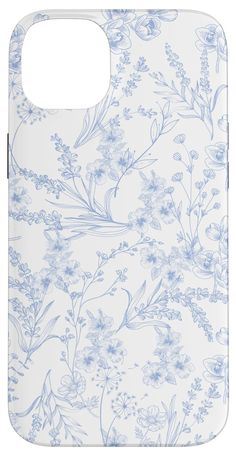 a blue and white flowered phone case with an image of flowers on the back