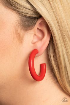 Painted in a fiery red finish, a thick wood hoop curls around the ear for a flirtatiously colorful look. Earring attaches to a standard post fitting. Hoop measures approximately 2" in diameter. ﻿All Paparazzi Accessories are lead free and nickel free! Sold as one pair of hoop earrings. Paparazzi Jewelry Images, Live Text, Red Hoop Earrings, Wood Hoop Earrings, Recruitment Outfits, Nickel Free Jewelry, Wooden Hoop, Wood Jewelry, Fiery Red