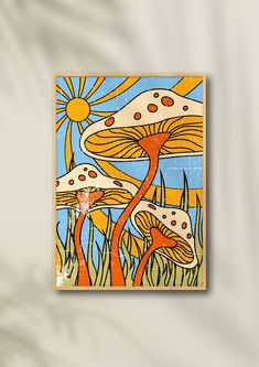 an abstract painting with mushrooms and sun in the background