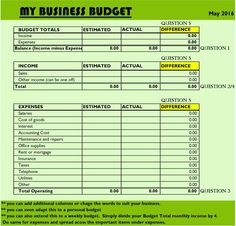 a business budget sheet with the words'my business budget'in yellow and green