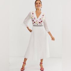 Nwot W’s Asos Design Lace Insert Pleated Midi Dress With Embroidery Sz 12 White V-neck Dress With Floral Embroidery, V-neck Dresses With Embroidered Hem For Brunch, Spring Embroidered Midi Dress With Lace Trim, Spring Midi-length Embroidered Dress With Lace Trim, Embroidered V-neck Midi Dress For Brunch, White Midi Dress With Floral Embroidery, White Embroidered Midi Dress For Spring, White Midi Length Embroidered Dress For Wedding, White Embroidered Midi-length Dress For Wedding