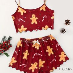 Lasaky - Premium Plus Size Festive Pajama Set: Womens Gingerbread Man Print Lettuce Trim Cami Top & Shorts Lounge Two Piece Set Red Pjs, Lounge Wear Summer, Backless Cami Top, Cute Pjs, Couple Pajamas, Cute Pajama Sets, Plus Lingerie, Christmas Pajama Set, Cute Pajamas