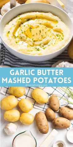 garlic butter mashed potatoes in a white bowl with the title overlay above it