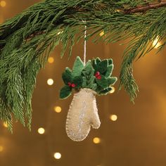 a christmas ornament hanging from a tree branch with lights in the back ground