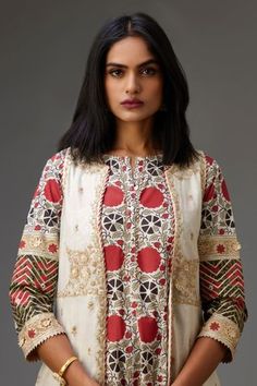 Shop for Kora Off White Embroidered Jacket And Pant Set for Women Online at Aza Fashions Traditional White Sets For Workwear, White Cotton Nehru Jacket For Designer Wear, White Printed Motif Sets For Workwear, Cotton Sets With Printed Motifs For Fall, Festive White Workwear Set, White Cotton Nehru Jacket For Spring, White Cotton Nehru Jacket For Festive Occasions, Festive White Cotton Outerwear, Designer Cotton White Nehru Jacket