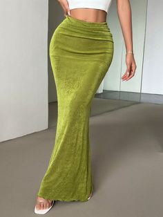 Verde Elegante Collar  Poliéster Liso Lápiz,Sirena Embellished Elástico Alto Long Green Skirt, Long Maxi Skirt, Women Skirts, Long Maxi Skirts, Summer Skirts, Low Waisted, Green Skirt, Long Maxi, Dress Ideas